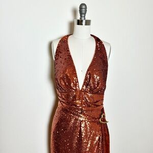 NWT Halston Mio Burn Orange Sequin Halter Gown Gold Heart Emblem Sz 14 (010)